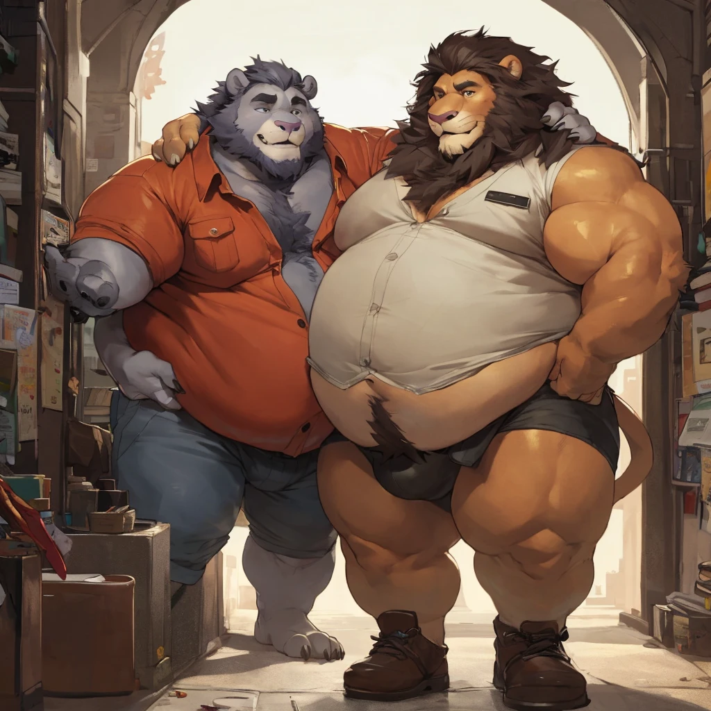 Epic Dungeons and Dragons Zootopia style, All Citizen obese Zootopia village, Dungeons and Dragons Zootopia obese quest style, wearing ragged and poor clothes, He returns from his adventure with a huge, obese muscle body as a reward for his adventure walking through the town proud of his size, Anime serie, Chubby, fat, male middle aged, anthro lion, thin beard, flirting , big chest, dynamic light, opened Shirt, thick shirt ,Gray hair and beard, extremely hot and sexy, Daddy figure, hot daddy, boss, by darkgem, by zixiong, by glitter trap boy