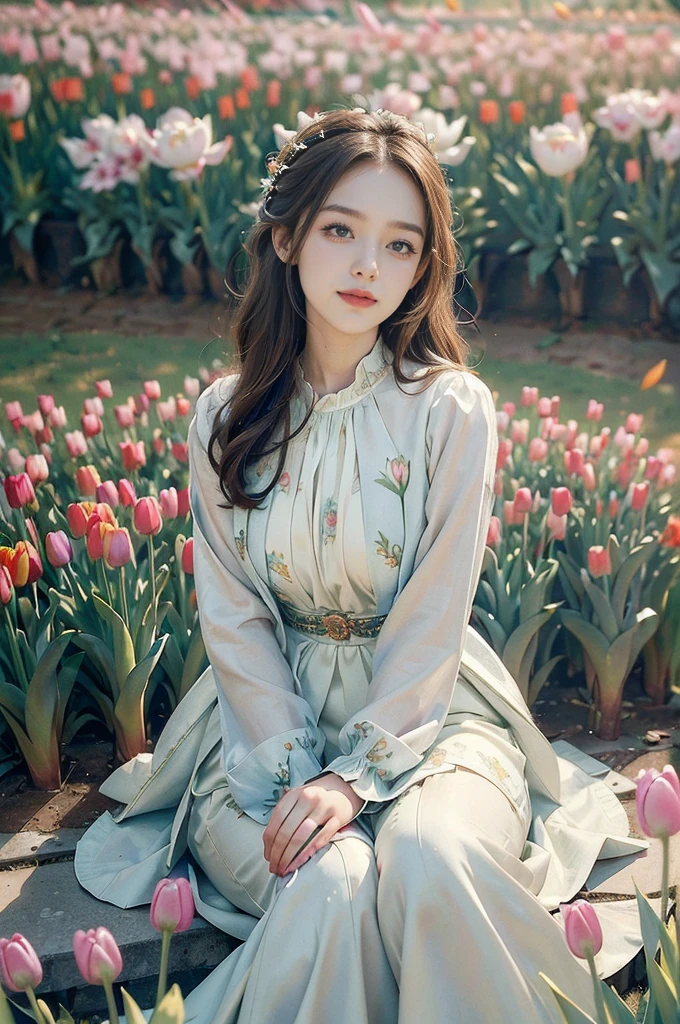(((best quality))),(((ultra detailed))),(((masterpiece))),illustration,1girl, young, beautiful,(in the garden full of tulips:1.3), vibrant colors, flowing dress, petal texture, radiant smile, graceful posture, natural setting, soft lighting, spring season, fresh tulips, alive, joyful, tranquil, warm glow, sunny background,from front,upper body
