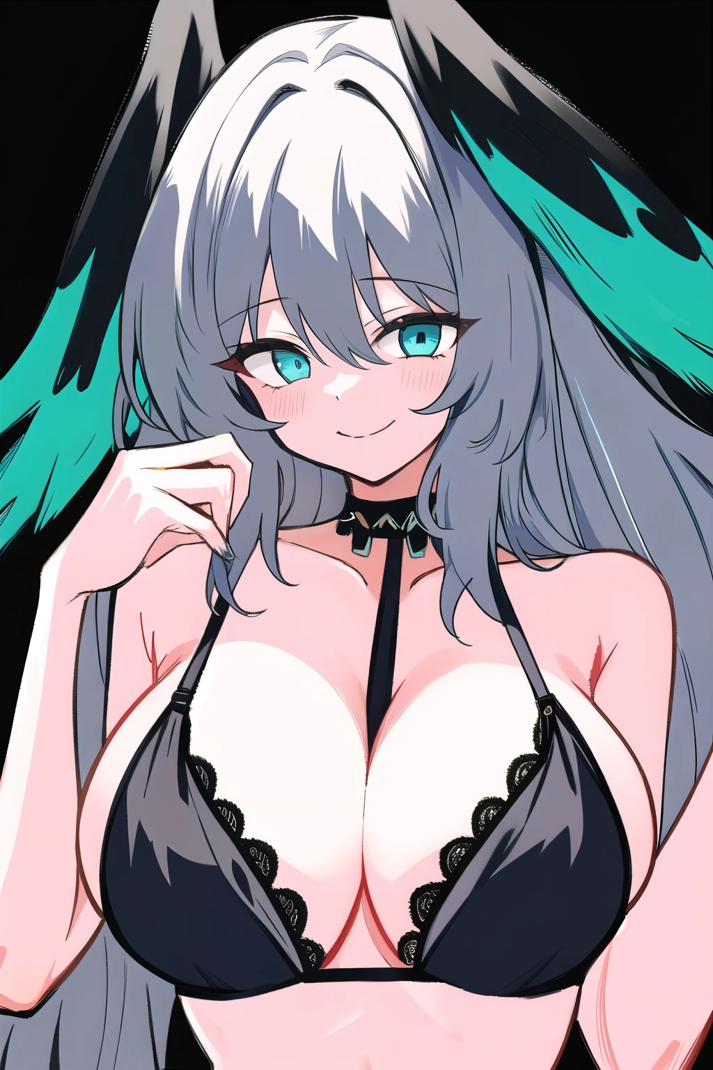 masterpiece, best quality, highly detailed, 1girl, solo, hoolheyak, grey hair, head wings, large breasts, hair between eyes, black bra, black panties , simple background, smile, upper body, looking at viewer, 