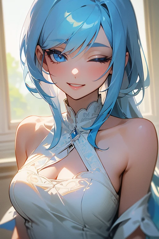 (masterpiece: 1.2, Highest quality), (Actual Photos, Intricate details), 1. woman, alone, Upper Body, casual, Shoulder-length hair, Minimal makeup, Natural materials, Face close-up, smile, Home, (Light blue hair).blue eyes, Shoulder Bare、Smiling with teeth showing、(In the gap between my breasts).((Kiss with your eyes closed)).