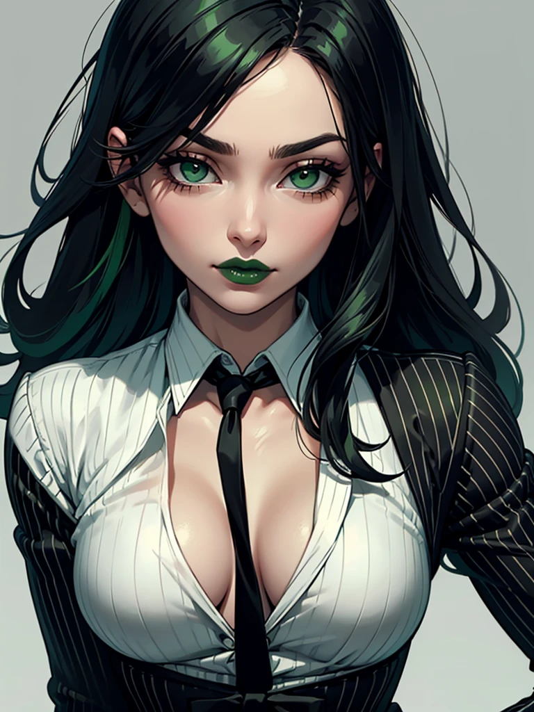 A woman. Black Pinstripe Suit. White shirt. green eyes. Green lipstick. Green and Black Hair. Small Breast