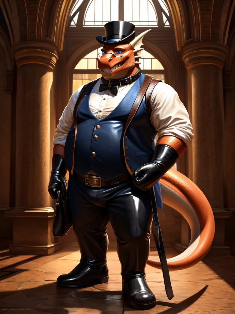 (high quality,4k,8k,highres,masterpiece:1.2),ultra-detailed,(realistic,photorealistic,photo-realistic:1.37), masterpiece,(intricate details), captivating artwork, artistically rendered, masterful strokes, attention to detail, tasteful composition, alluring charm, careful shading, great attention to anatomy, meticulous rendering, impeccable craftsmanship, vivid colors, perfect balance between realism and fantasy. Solo, Male, fat, extremely obese, gentleman, dapper Professor Dragon, blue eyes, (posing:1.3), (soft shading), 4k, hi res, ((detailed face, detailed)), looking at viewer, mouth wide open, steampunk, collared shirt with buttons, top hat, male focus, Explorer Outfit, glasses, monocle, bag, vest with buttons, backpack, sleeves rolled up, round eyewear, brown headwear, brown vest, Dragon is wearing a glossy leather dog collar around the neck, Dragon is wearing the leather collar and shirt and vest at the same time, Dragon is wearing glossy white rubber gloves on the hands, wearing white rubber gloves on the feet, gloves are rubber in texture, clenching teeth, clenching fists, leather collar is glossy and shiny with a lot of detail, Dragon is wearing gloves and leather collar at the same time, leather collar has a round dog-tag, leather collar is thick and detailed.