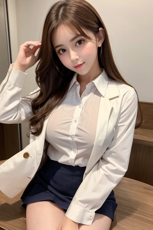 A beautiful girl、uniform、White shirt、long cut ,curl、Brown coat、Beautiful brown hair、high resolution,Breasts slightly exposed、big breast、Small face、round face、Natural Makeup、Show the whole body、Plump thighs、Long legs