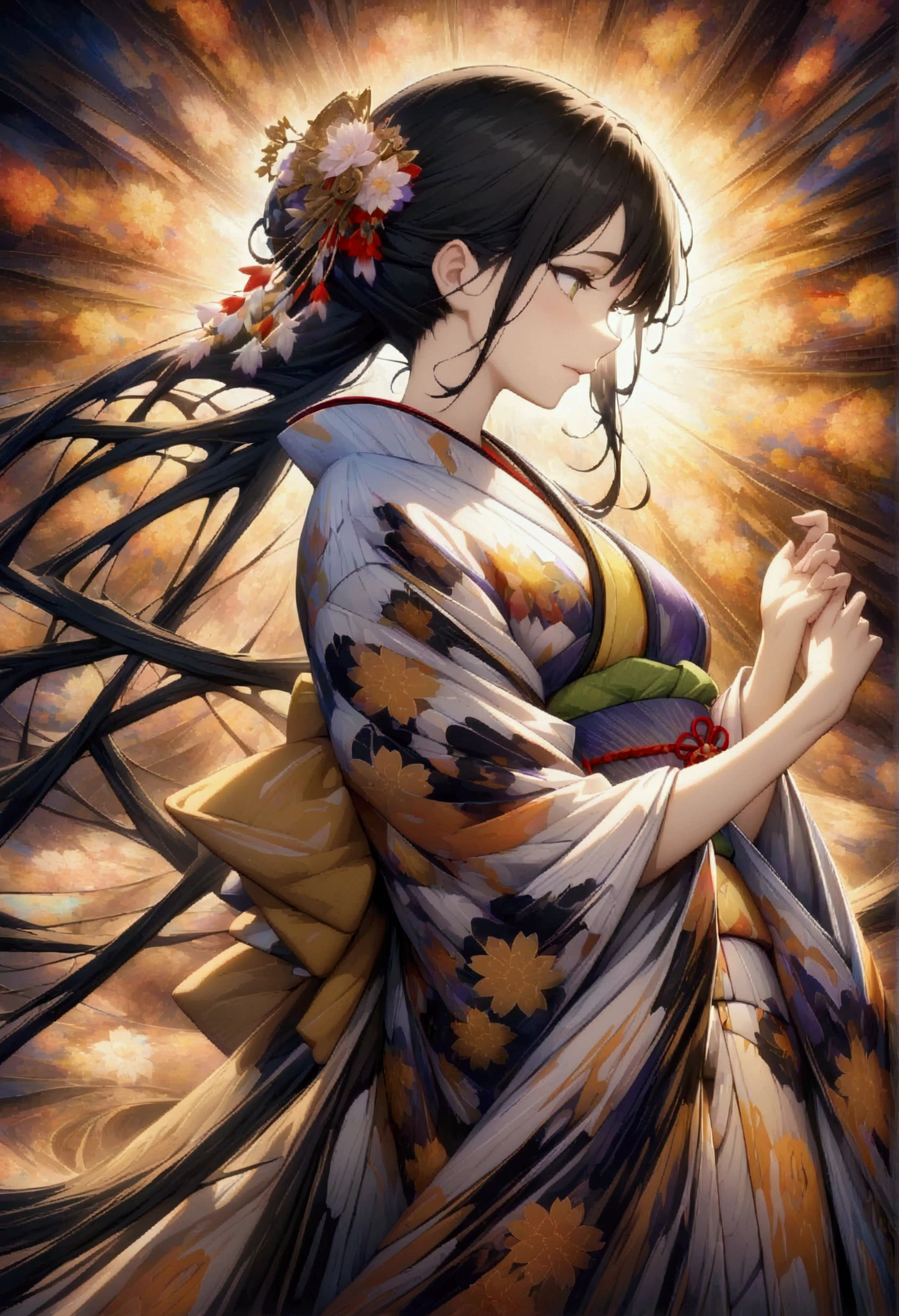 (masterpiece, Highest quality, Highest quality, Official Art, beautifully、aesthetic:1.2), (One girl:1.3), Very detailed,(Fractal Art:1.1), Most detailed,(Tangled:1.2),  (Abstract background:1.5), (Japanese Kimono:1.8), (Glowing Skin),   (Black Hair:1.5), 