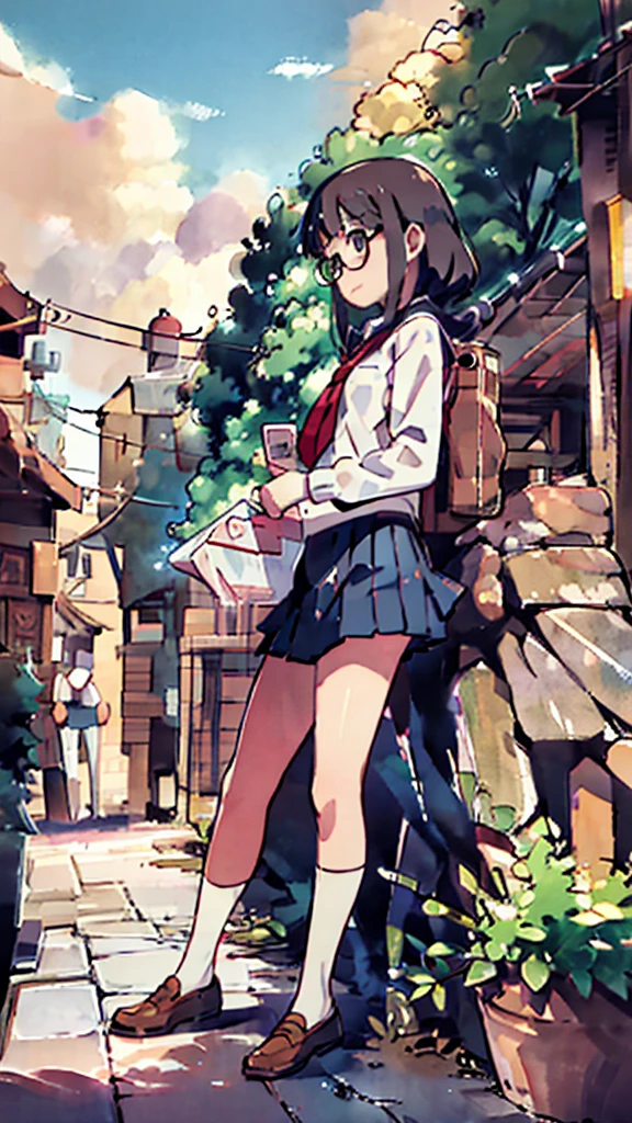 a  schoolgirl, short brown hair, red-framed glasses, white blouse, navy skirt, white panties visible, navy socks, brown loafers, state of arousal, trembling with sexual climax, simple illustration style, nichijou setting, dramatic seascape, massive towers, best quality, 4k, hdr, photo-realistic, hyperdetailed, vivid colors, dramatic lighting