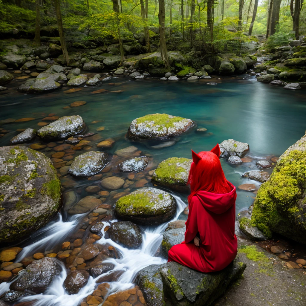 8K, best quality, (Reality:1.4), RAW photos, 1 Girl, Red hair, Animal ears, Blue hooded cape, Ears sticking out, posture: Sitting on rocks by forest river, Yellow eyes,  -