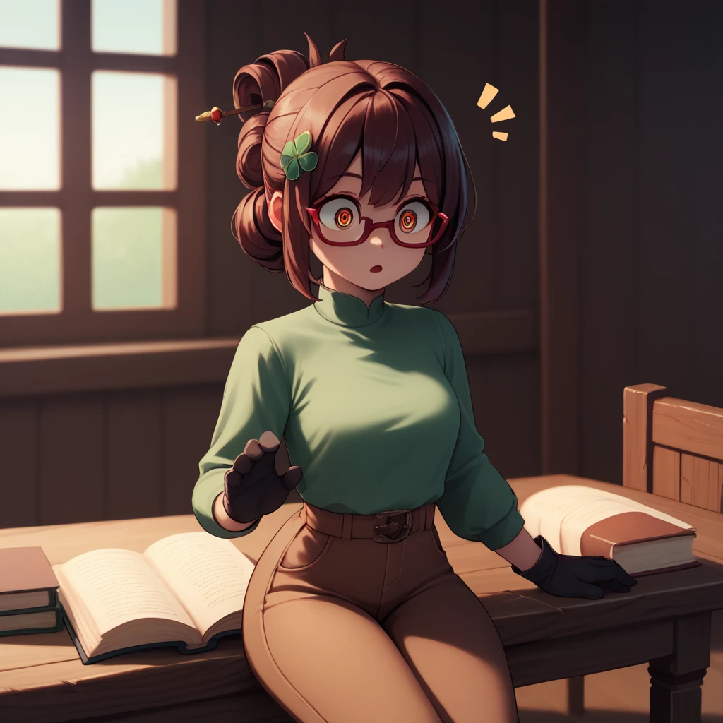 High resolution, Very detailed, perfect lighting, beautiful detailed eyes, ((masterpiece,Best Quality)), absurdities, alone, Purah_totk, by the width, hair ornament, Hair stick, red glasses, Green shirt, long sleeves, Gloves without fingers, black gloves, Brown leather pants, tight pants, surprised, curves, nod, sitting at an old wooden table, placing her hands on an open book on an old wooden table