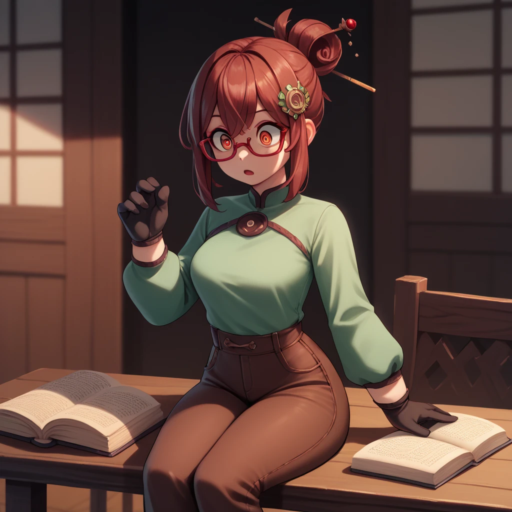 High resolution, Very detailed, perfect lighting, beautiful detailed eyes, ((masterpiece,Best Quality)), absurdities, alone, Purah_totk, by the width, hair ornament, Hair stick, red glasses, Green shirt, long sleeves, Gloves without fingers, black gloves, Brown leather pants, tight pants, surprised, curves, nod, sitting at an old wooden table, placing her hands on an open book on an old wooden table
