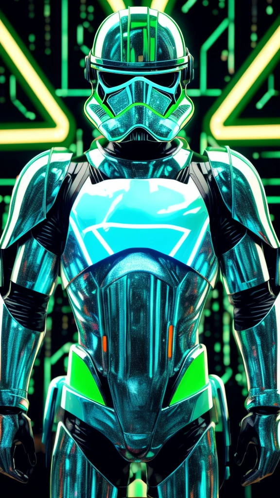 disco Rigido, master part, best quality, tiro de corpo inteiro de um stormtrooper, usando capacete neon branco e verde, Olhando para o Viewer, olhos verdes brilhantes, usando armadura, neon lights in background,