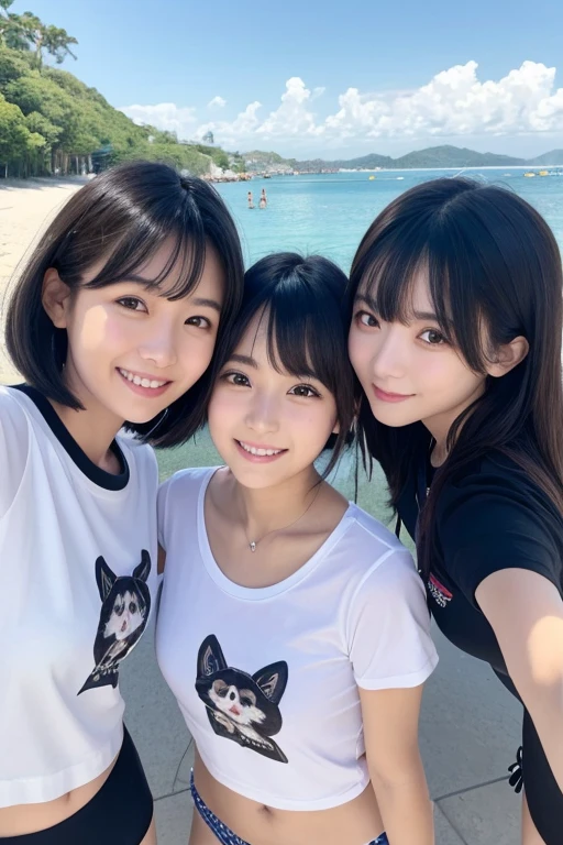 Three girls making peace signs、The person on the left has bob hair, a white T-shirt and narrow eyes.、The person in the middle is wearing a black T-shirt and has Korean-style hair, and looks like a small animal.、右の人がポニーテールで黒いribbonをつけていて白いTシャツにピンクのribbonがたくさん付いてる視線を向ける, smile, bangs, ribbon, Selfie、Three beautiful sisters are in the sea wearing swimsuits、Floating rings too