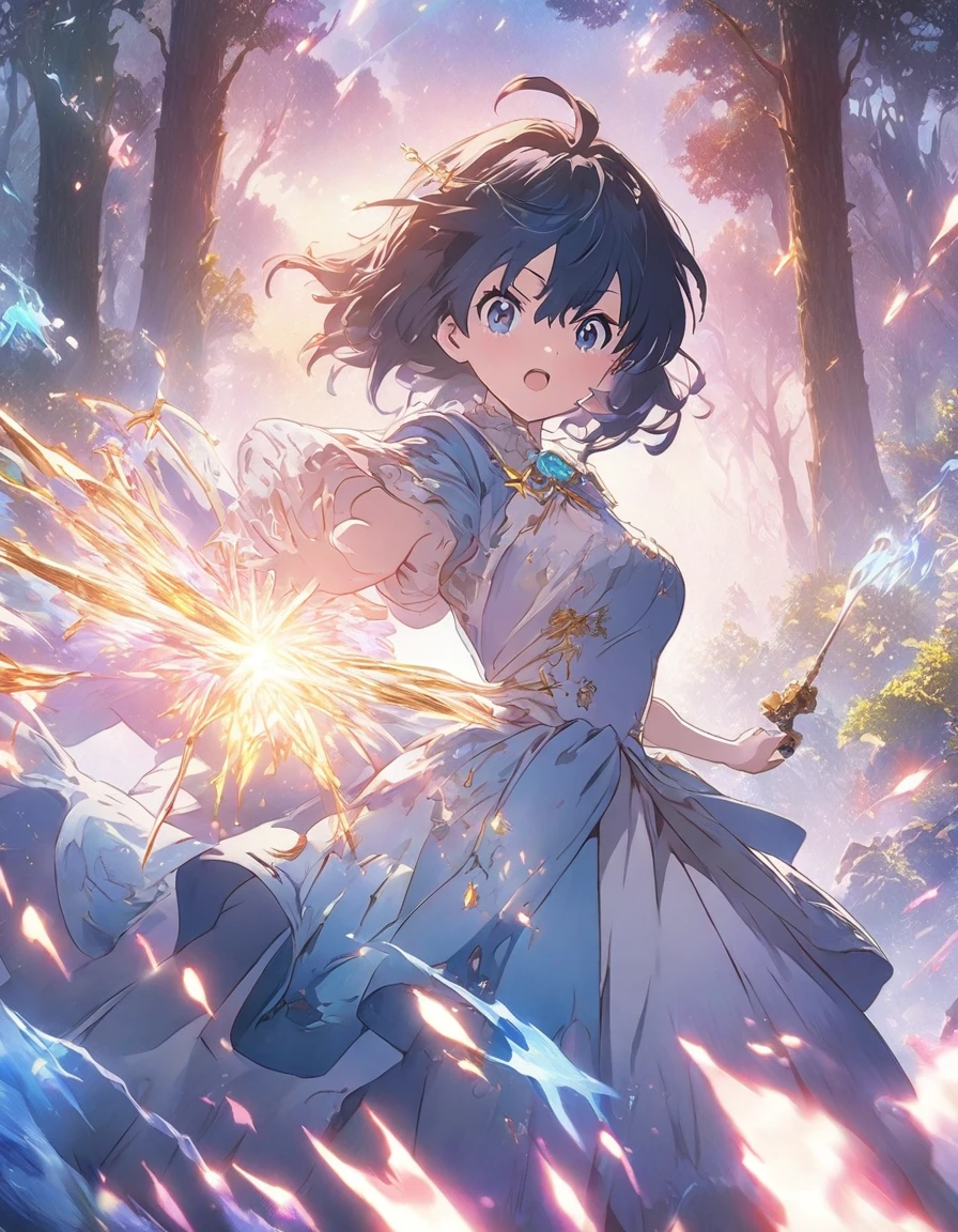 Anime girl with a magic wand in a forest with stars々are collecting, splash art anime , beautiful heavenly magician, anime fantasy artwork, anime art wallpaper 4k, anime art wallpaper 4k, anime fantasy illustration, anime art wallpaper 8k, anime style 4k, with the power of magic, , detailed digital anime art, Detailed anime original drawing