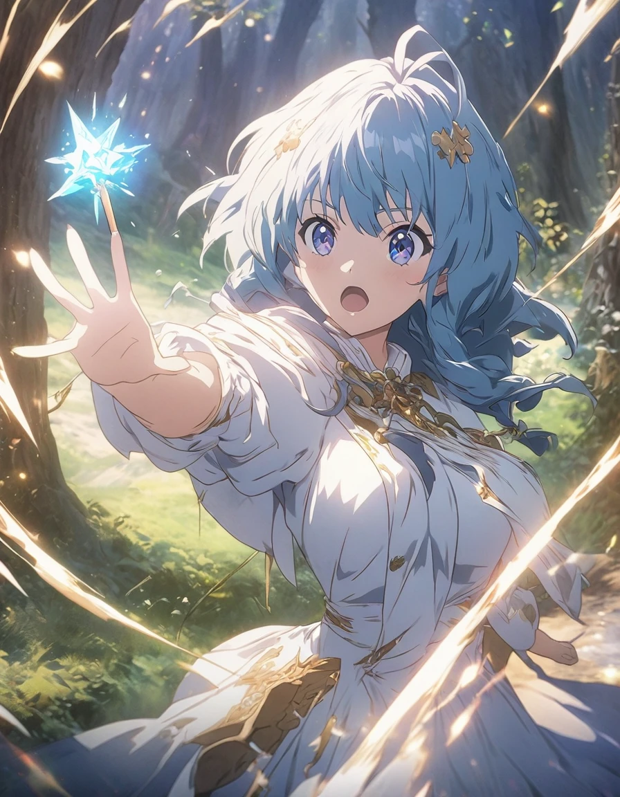 Anime girl with a magic wand in a forest with stars々are collecting, splash art anime , beautiful heavenly magician, anime fantasy artwork, anime art wallpaper 4k, anime art wallpaper 4k, anime fantasy illustration, anime art wallpaper 8k, anime style 4k, with the power of magic, , detailed digital anime art, Detailed anime original drawing
