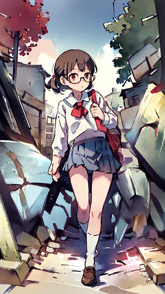 Nsfw、masterpiece, high quality, 4K, HDR,, Stable Diffusion prompt: schoolgirl with short、brown hair and red-framed glasses, wearing a white blouse and navy skirt, white panties visible, navy socks and brown loafers, in a state of arousal and trembling with sexual climax,simple illustration style, in a nichijou (everyday life) setting