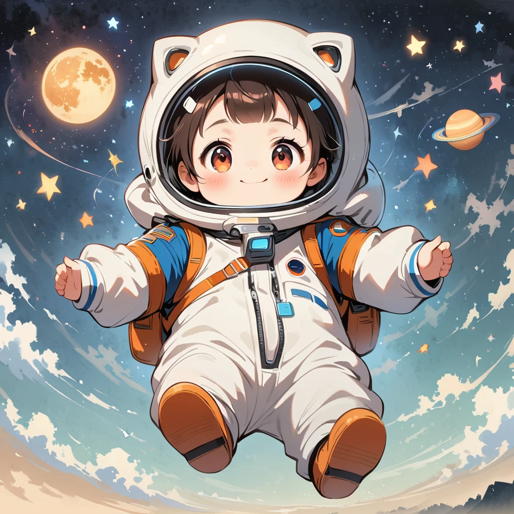 spacesuit floating in space, surrounded by the Milky Way, the universe posing cutely.