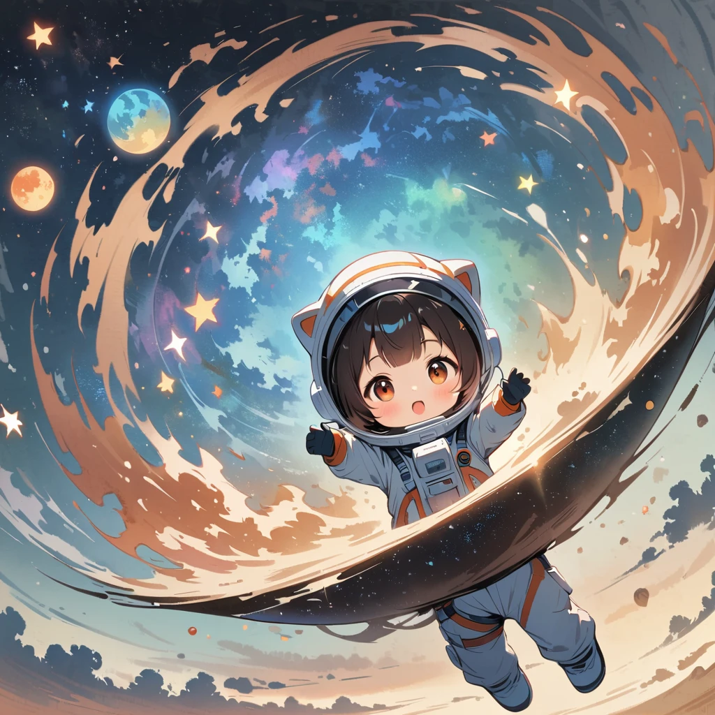 spacesuit floating in space, surrounded by the Milky Way, the universe posing cutely.
