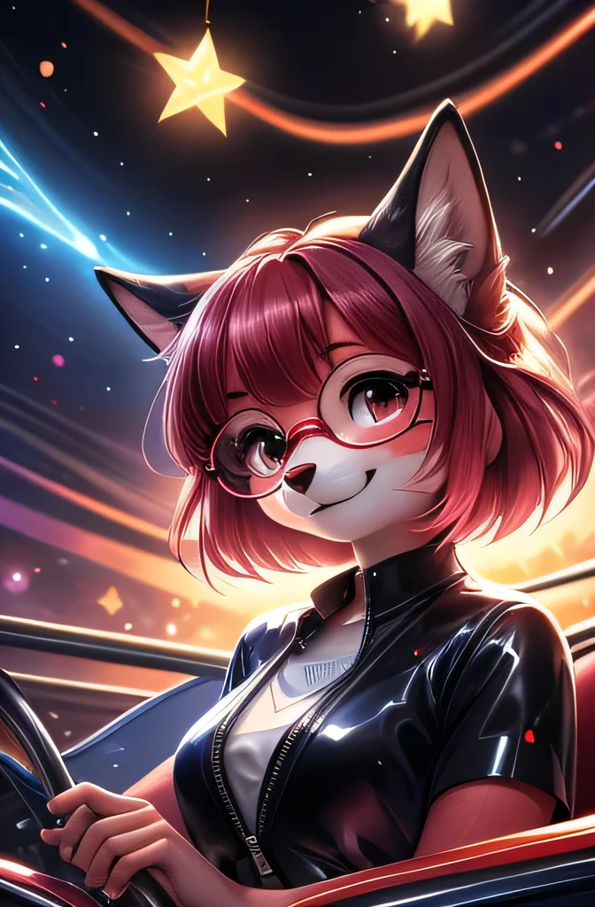 ASCIIrealistic, masterpiece, (three quarter front) view, over the shoulder, above shot, looking at viewer, cute (female (anthro ((reddish pink) fox))) (((black triangle marking on cheeks))) (((long black ears))) glossy fur, dark brown eyes, sitting in a purple roller coaster seat in a colorful theme park, colorful merry theme park ride wagon ((messy split-colored, reddish pink hair with one black streak, short bangs, long bob hairstyle)), (black zipped glossy short sleeved dress | retro alien suit), oversize round eyeglasses, holding two ride tickets, smiling with closed mouth, uploaded on e621, (by Hasui Kawase:0.5), by Barbara Takenaga, by Affandi, by Beatrice Ethel Lithiby, by Catcouch, FurryCore, pastel galaxy sky background, space theme park, fun fair background, roller coaster circuit, colored magical lights, bright lighting, fun fair aesthetic, bright pink galaxy, realistic, 8k uhd, high quality, high quality photography, 3 point lighting, flash with softbox, 4k, Canon EOS R3, hdr, smooth, sharp focus, high resolution, award winning photo, 80mm, f2.8, bokeh, cinematic composition, cinematic lighting,highly detailed, masterpiece, best quality, realistic, (intricate:0.9), (high detail:1.4), film photography, sharp focus