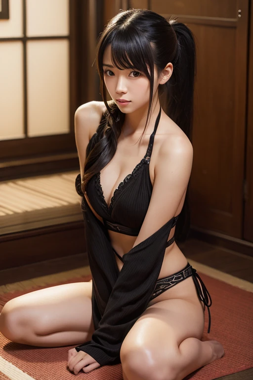 1girl, solo, long_hair, black_hair, photoshop_(medium), original, sitting, ponytail, lips, seiza, realistic, ninja, tatami