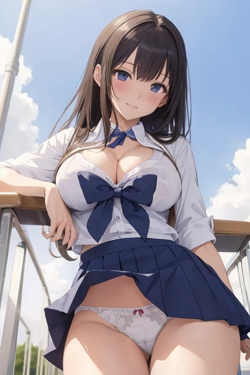 ((best quality)), ((masterpiece)), (detailed), anime girl in school uniform 18 years old in a landscape of a famous school big breasts and cleavage, mini skirt, white panties ((view from below))