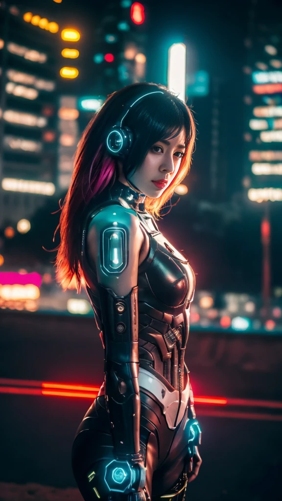 (Photorealistic:1.4) image of a cyber punk girl, (top-quality, 8K, 32K, masterpiece) , (dynamic pose), ((facing camera)), cowboy shot, shapeless hair, colorful hair, colorful cyberpunk fashionwear, ,depth of field f/1.8, cyberpunk city background, cinematic lighting.