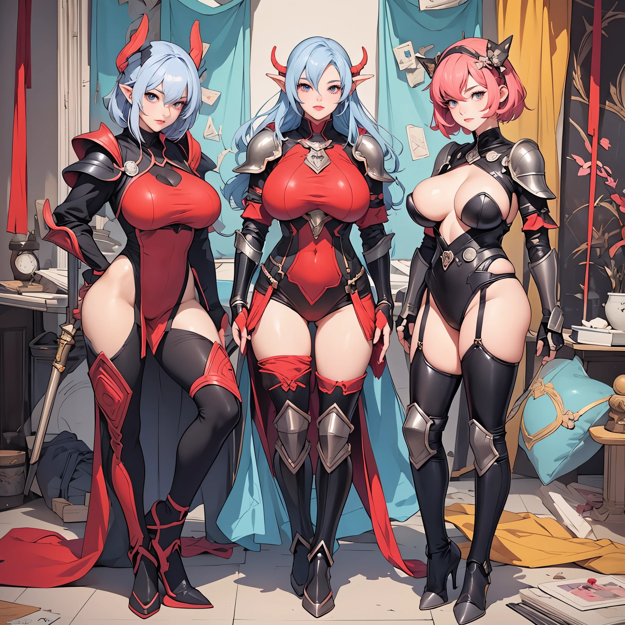 beautiful woman, (big breasts:1.3), rogue tiefling, light armor, anime illustration, photorealistic, fantasy, comic, manga, perfect body proportions with generous curves