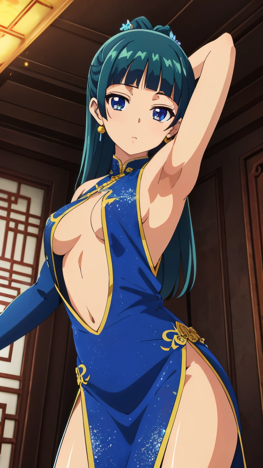 (Highest quality), (8k, High resolution), (masterpiece: 1.2), (Very detailed), (Anime art style), (maomao), One girl, Teen Style, Detailed green hair, Detailed blue eyes, Complicated hairstyle, Long Hair, Earrings, (slim body), (medium Breasts), Sparkling eyes, hair accessory, Earrings, Half Up, Slightly blunt bangs,  (China dress, Exposed shoulders: 1.3), (tight cloths: 1.5), (open clothes), (arched back),Detailed lighting, Bright colors, from below, looking at viewer, Cowboy Shot, indoor,