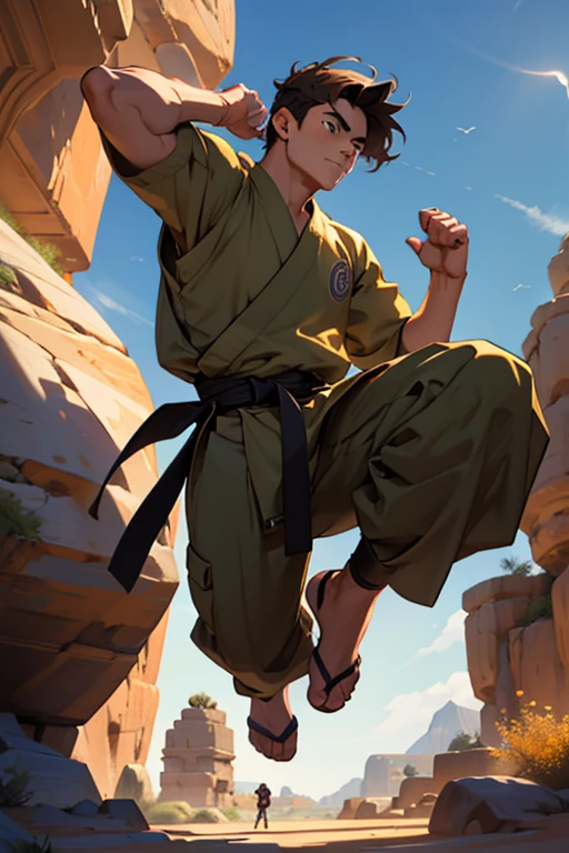 20-year-old boy with brown hair weighing 80 kilos, with earthbender style clothes, doing a pose where he is doing a karate punch on a floating rock, the setting is a village with a stone house in the desert 