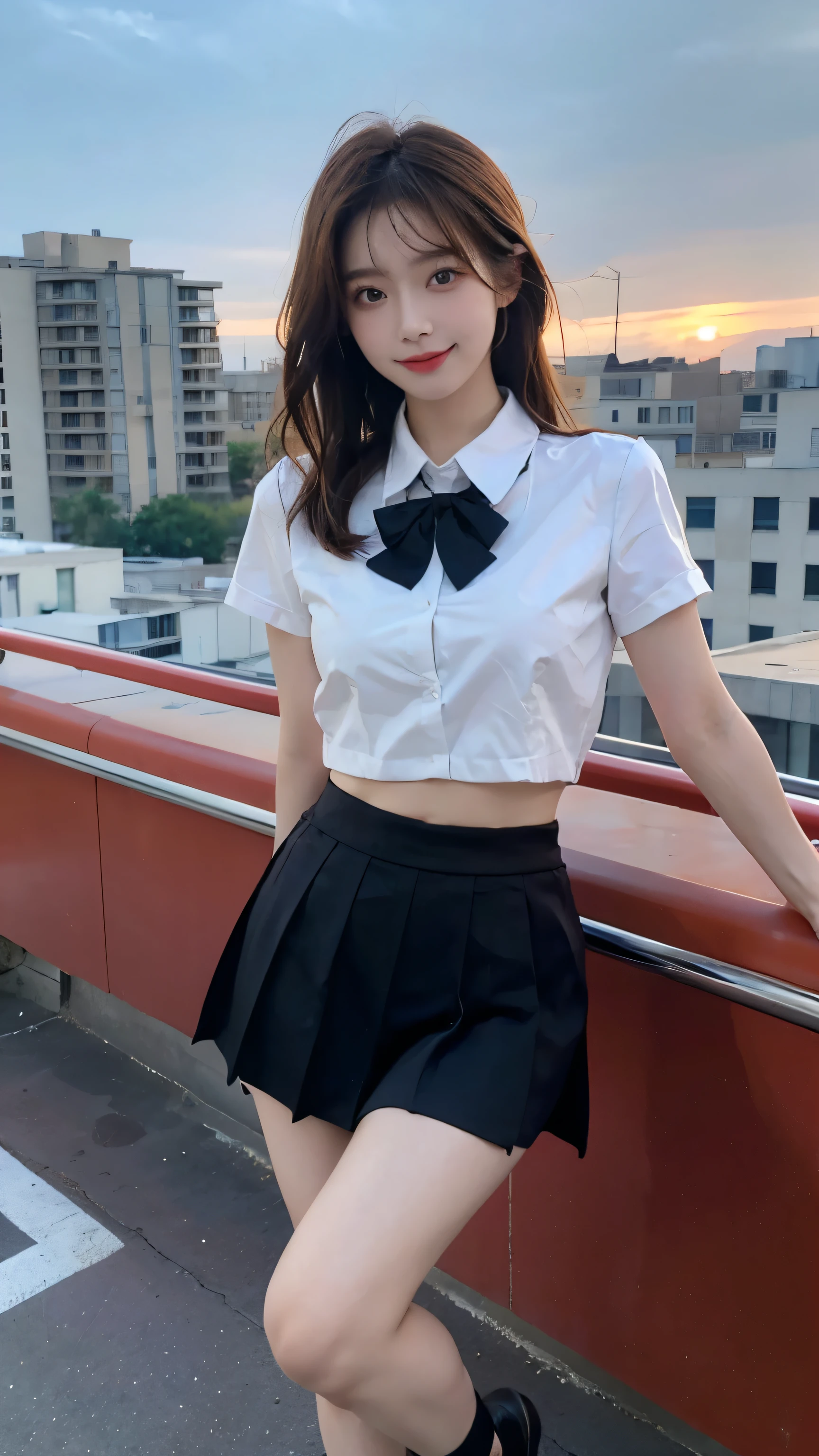 Best quality， Ultra-high resolution， Face Focus（truly：1.6），Cute hairpin，Baoyu Girl，1 Girl, Beautiful slim woman:1.4, Abdominal muscles:1.2, (Brown hair,Medium breasts:1.4), shirt:1.1, Rooftop（Depth of Field：16）,Rooftop,Red sunset,Ultra-thin face，Exquisite eyes，Double eyelids，Smile，whole body，Thin legs，Long legs，Standing，Dance moves，Slender legs，I can see your thighs，White shirt，Bow tie，JK Skirt，Collar（1.8），Black translucent stockings（1.6）