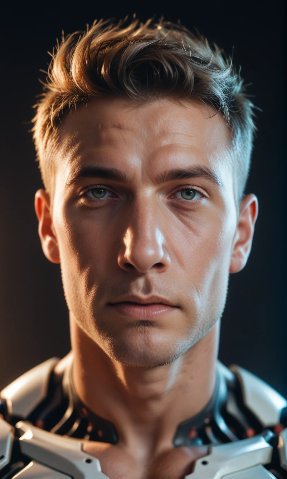 Cyberpunk photo, middle-aged man, cyborg, facial implants, mechanical face, muscular body, mechanical body, mechanical arms, mechanical skeleton, rusty armor, neon background, dark background, eye contact, looking at viewer, masterpiece, best quality, perfect detail  , perfect face detail, perfect eye detail, perfect skin detail, depth of field, perfect lighting