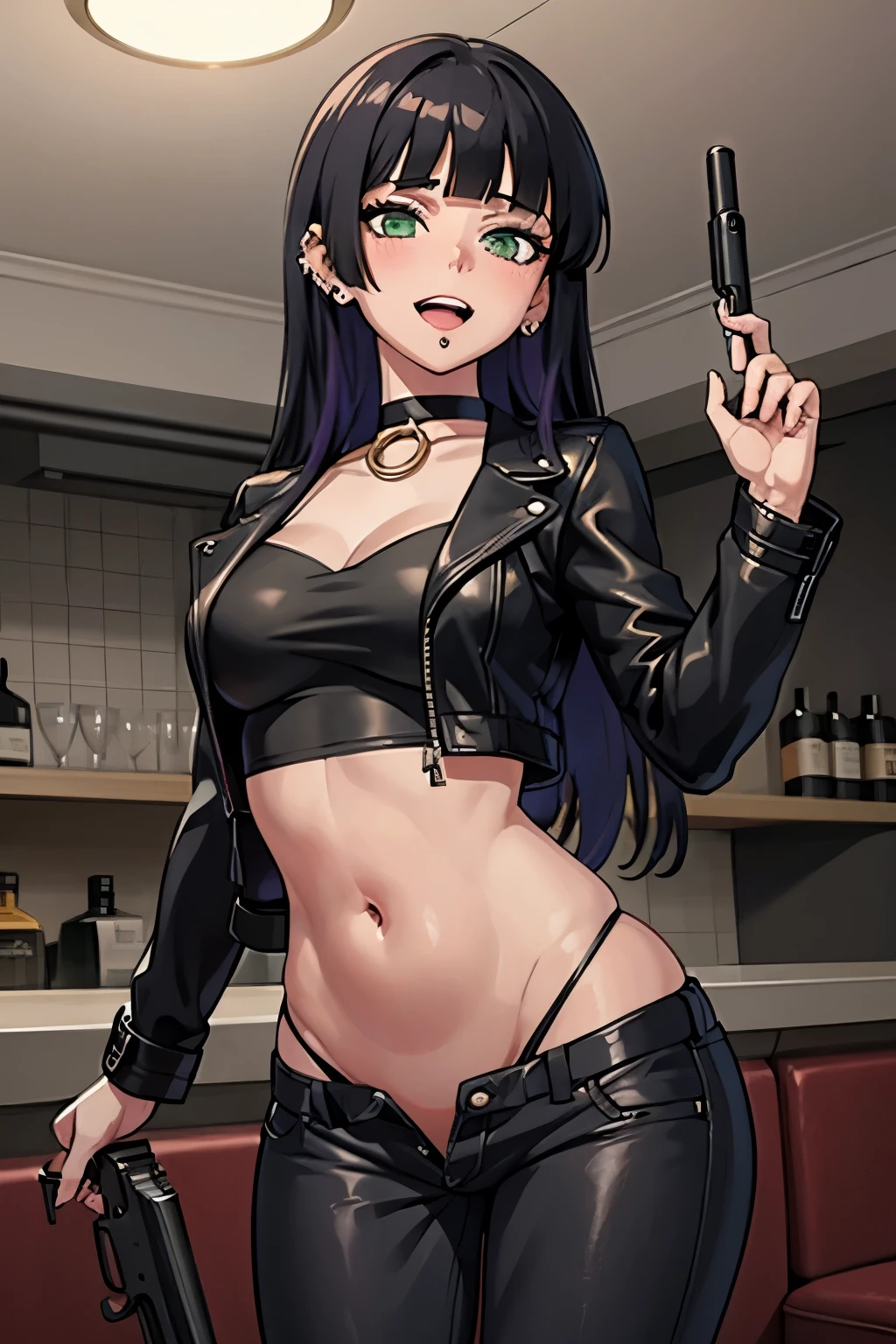 pa-san, blunt bangs, choker, colored inner hair, black hair, purple hair, green eyes,
blush, lipstick,,jewelry, earrings, Hot girl, baddie, bad attitude, mean girl, crazy, smoking, sensual, attractive , bar background, inside bar, indoor, masterpiece, best quality, highly detailed, a girls with a gun, evil smile , open mouth, sexy gaze, badass pose , evil smile, smile, guns blazing, anime girl with long hair, beautiful long haired girl, navel, evil expression, exposed belly, exposed navel, exposed midriff, exposed lower belly, long black pants, crop top, cleavage, unbuttoned leather pants ,open fly, low rise black leather pants, leather jacket, holding a gun, holding pistol,