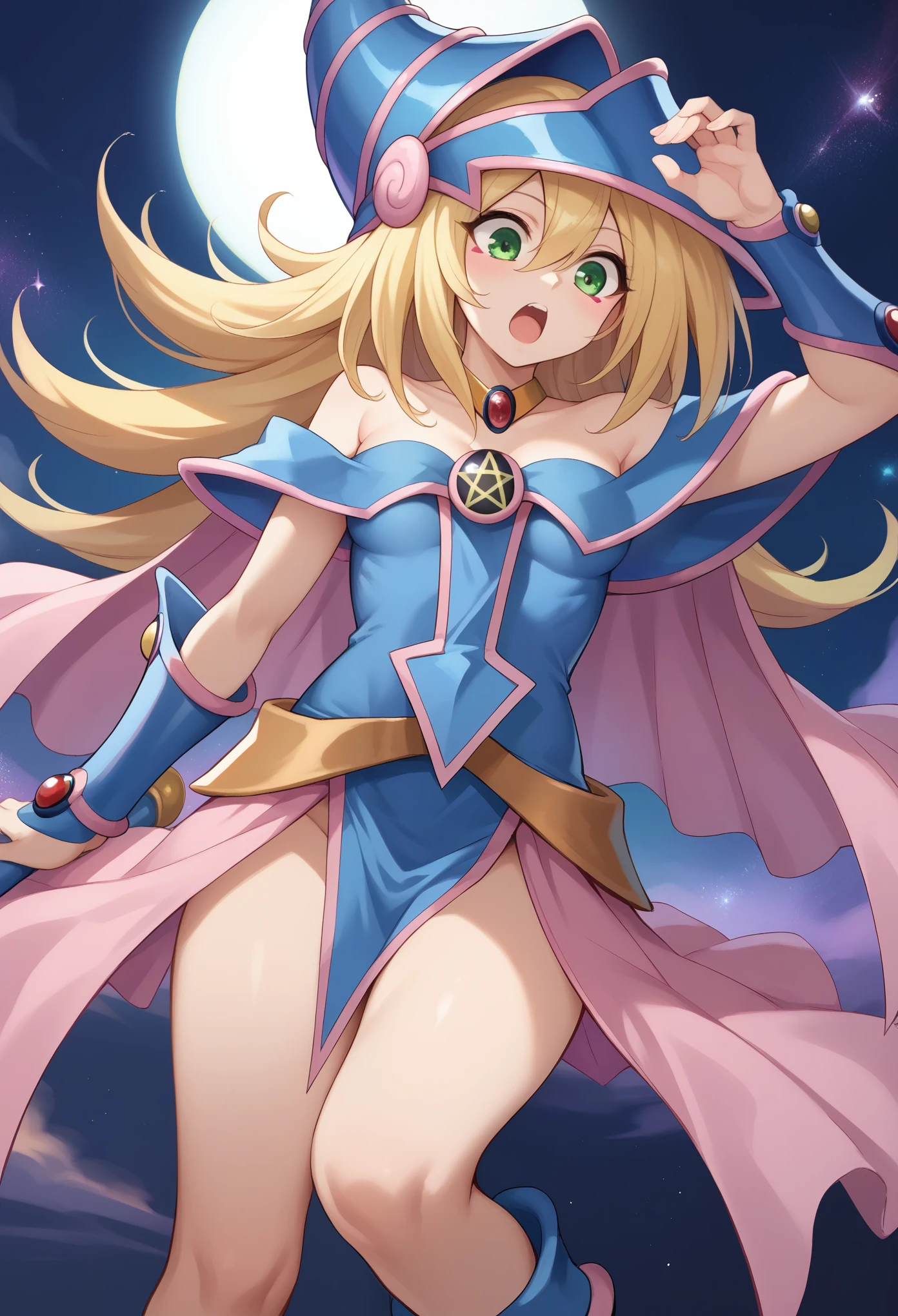 score_9, score_8_up, score_7_up, 1girl, solo, (teen:1.5), teenager, dark_magician_girl,blonde_hair,duel_monster,1girl,long_hair,green_eyes,bare_shoulders,wizard_hat, (small breasts), no cane, cleavage,hair_between_eyes, standing, surprised face, open mouth, opened hands, looking down, fantasy, galaxy,
