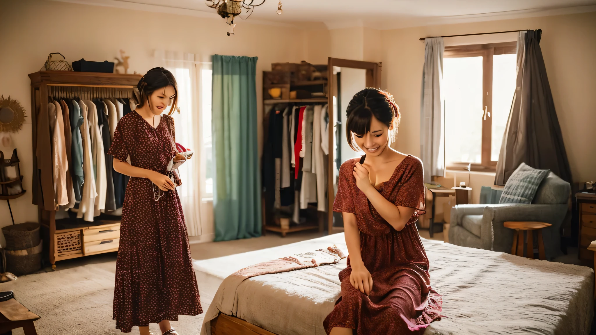 A housewife stands in front of an open wardrobe, holding an old, worn-out house dress with a worried expression. Next to her, there are piles of wrinkled clothes. In the next scene, she sits on the bed, holding a smartphone with a cheerful look on her face. The phone screen displays an online shopping website showcasing stylish house dresses. Her expression is happy, as if she has found the perfect solution. The background shows a tidy room with warm lighting, creating a cozy atmosphere.