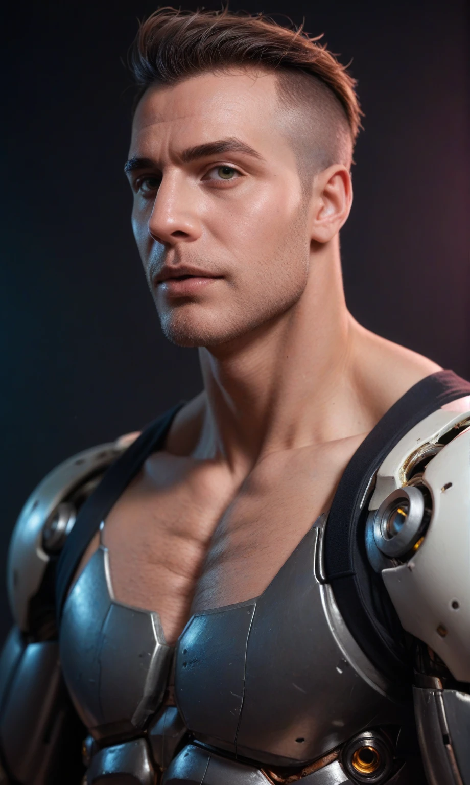 Cyberpunk photo, middle-aged man, cyborg, facial implants, mechanical face, muscular body, mechanical body, mechanical arms, mechanical skeleton, rusty armor, neon background, dark background, eye contact, looking at viewer, masterpiece, best quality, perfect detail  , perfect face detail, perfect eye detail, perfect skin detail, depth of field, perfect lighting