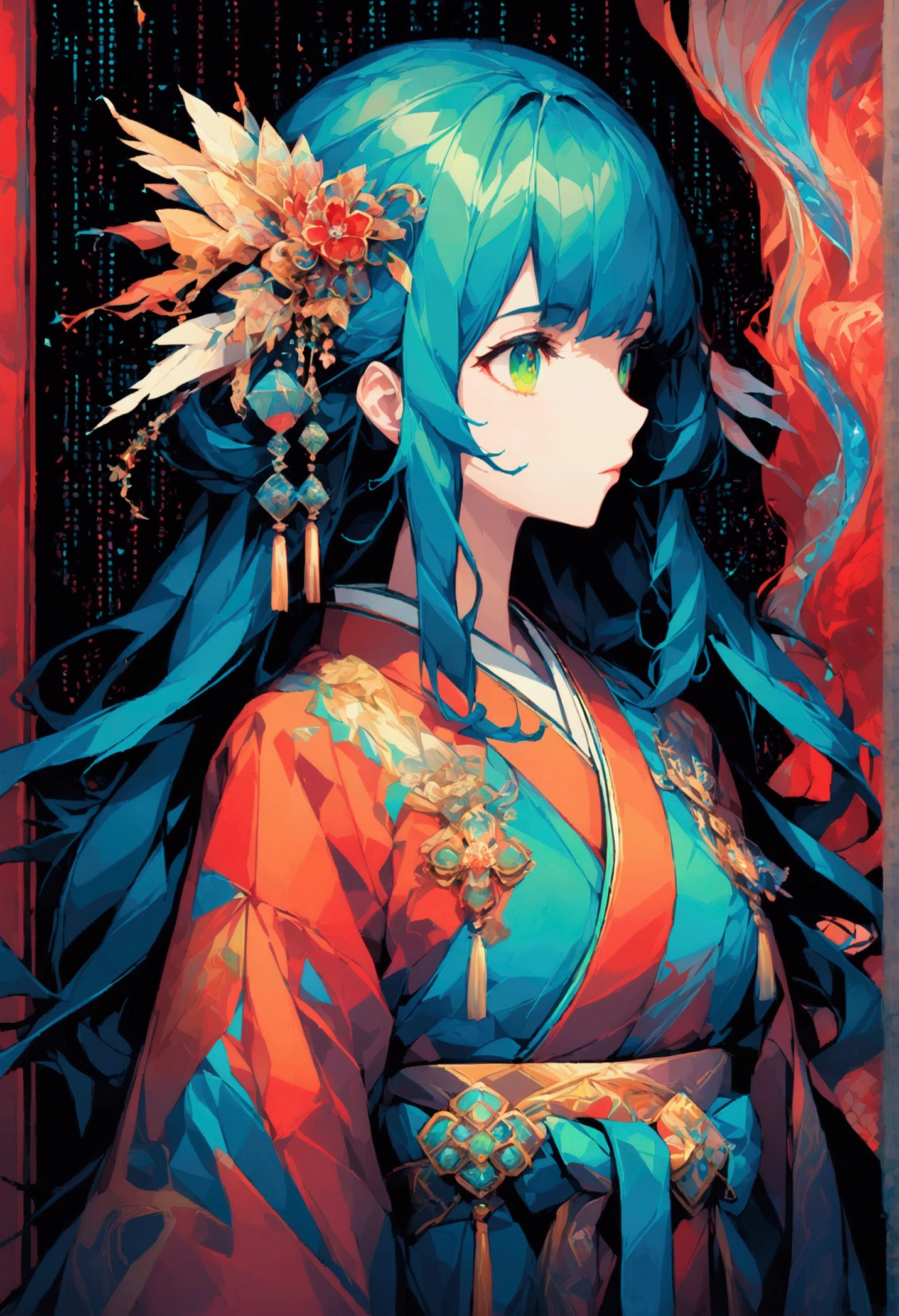 masterpiece, (beautifully、aesthetic:1.5), Surrealism, Very detailed, anime, A profile picture of a girl, wear Kimono, Her hair was adorned with beautiful ornaments, Long Hair, Green Eyes, Red and navy blue color palette, Hard brush, Binary Code Effect, Minimalist low poly collage illustration, Painting effect, Dark ink, saturated color, Hypercube, Pixel Sorting, A magnificent composition, Epic proportions, Dynamic Lighting, High resolution