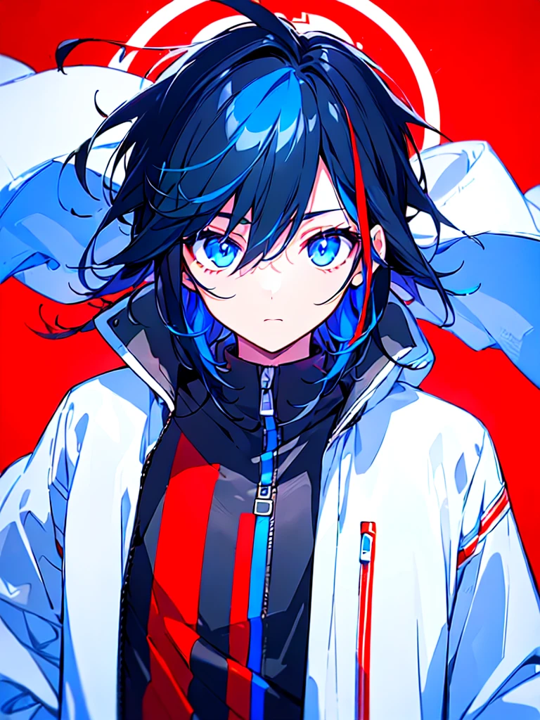 [(RED BACKGROUND:1.5),::5], ((((masterpiece)))), high quality, ultra very high resolution, full color, (((solo))), (()), BLACK hair, ((Blue streaked hair)), (oriental deepblue eyes), anime, ((upper body)), Summer clothes, neon light, black parka,