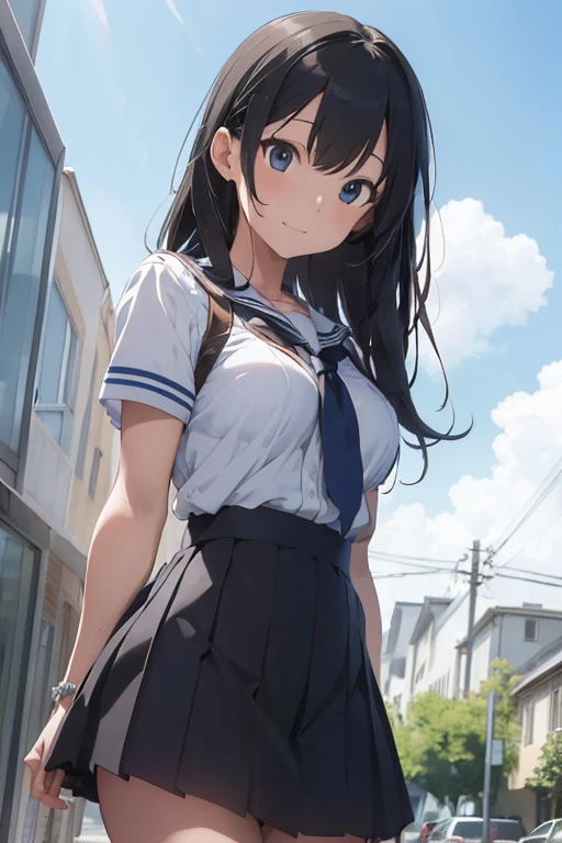 ((best quality)), ((masterpiece)), (detailed), anime girl in school uniform 18 years old in a landscape of a famous school big breasts and cleavage, mini skirt, white panties ((view from below))