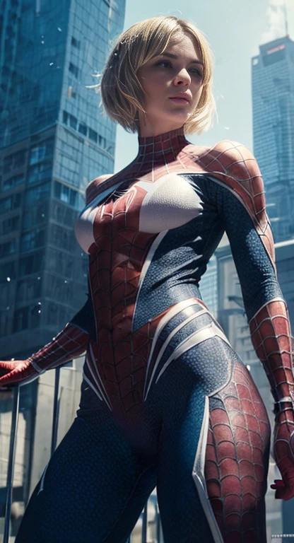 (One girl: 1.3), alone, beautiful face, (((extremely Detailed face))),(((extremely Detailed face and eyes)),beautiful detailed eyes, Body parts__, Official Art, 8k unified wallpaper, Very detailedな, beautiful and aesthetic, beautiful, masterpiece, 最high quality, born, masterpiece, Ultra-thin photo, 最high quality, Ultra-high resolution, Photorealistic realism, sunlight, Full body portrait, Great beauty, short blonde haircut, Dynamic pose, Delicate face, Bright blue eyes, (from the front), She is wearing a nylon outfit (inspired by Spiderman costume), Cosplay ('/snow/'), red, Transparent white and black color scheme, Top floor of a skyscraper, Very detailed, Detailed face, Detailed, intricate and busy background, Messy, beautiful, milky, Very detailedな肌, Realistic skin detail, Visible pores, Sharp focus, Volume Mist, 8k Ultra HD, Digital SLR, high quality, Film Grain, Fair skin, Photorealism, Lomography, Future dystopian megacity, View from below, translucent,(slender body:1.1),((Abdominal muscles:1.2)),((Muscular:1.2))