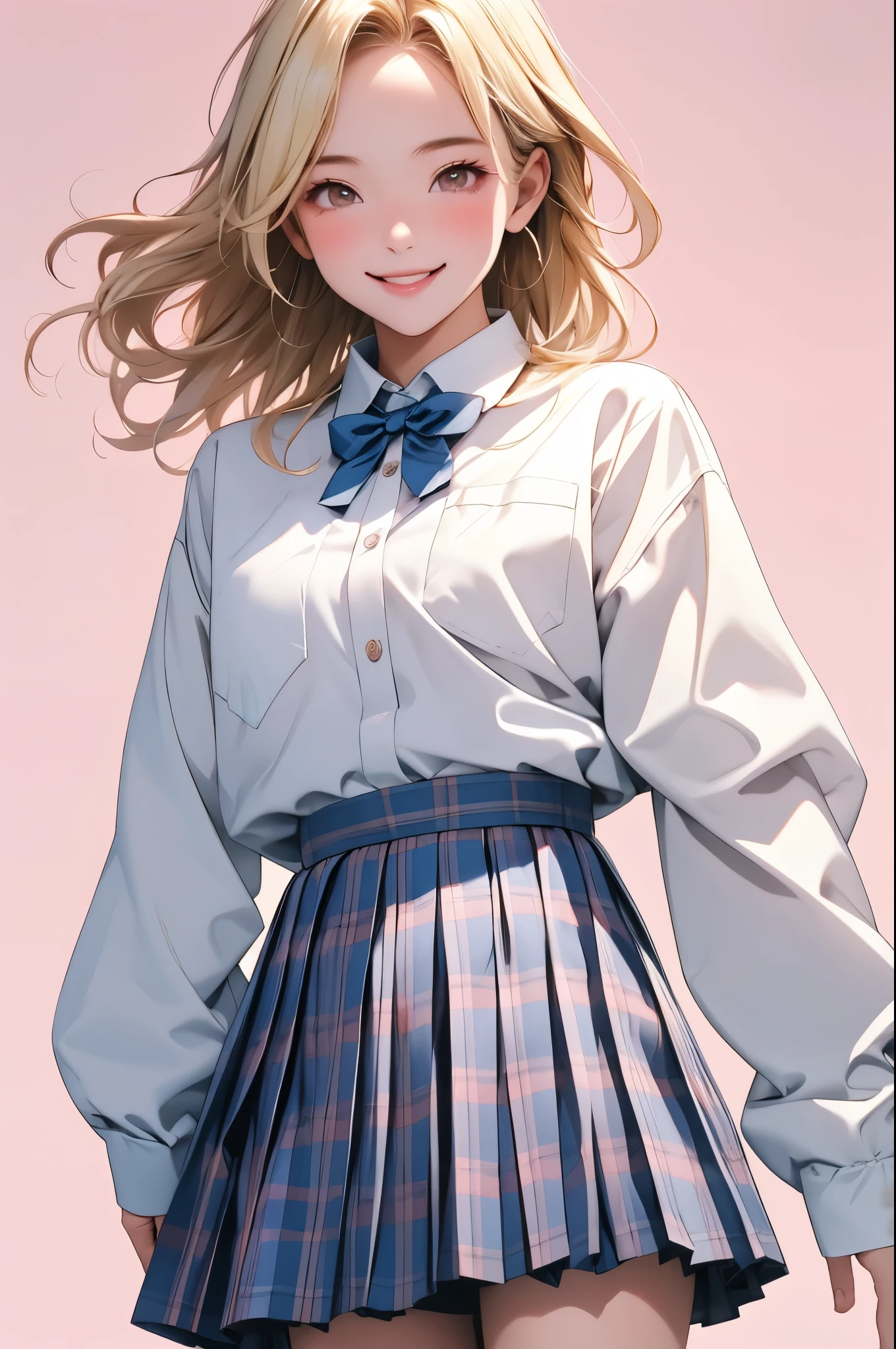 high resolution,smile,happy,light smile,woman,woman1人,adult,Clear,cute, Blonde Hair,BREAK, Brown eyes,BREAK,
high school girl,uniform,white long sleeve y-shirt,BREAK,Pleated skirt with dark blue plaid pattern,BREAK,
Facing forward,BREAK,Pink background,