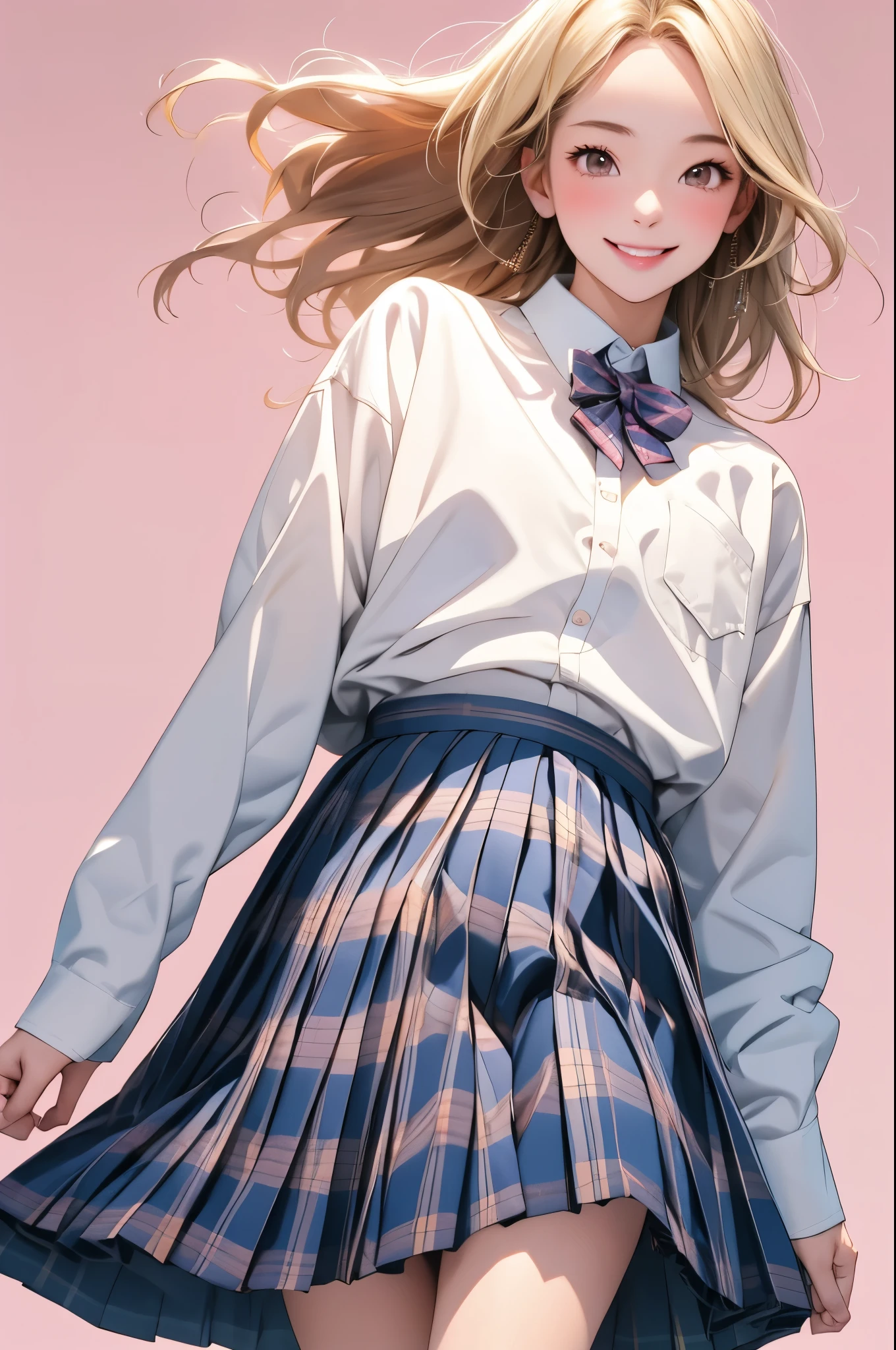 high resolution,smile,happy,light smile,woman,woman1人,adult,Clear,cute, Blonde Hair,BREAK, Brown eyes,BREAK,
high school girl,uniform,white long sleeve y-shirt,BREAK,Pleated skirt with dark blue plaid pattern,BREAK,
Facing forward,BREAK,Pink background,
