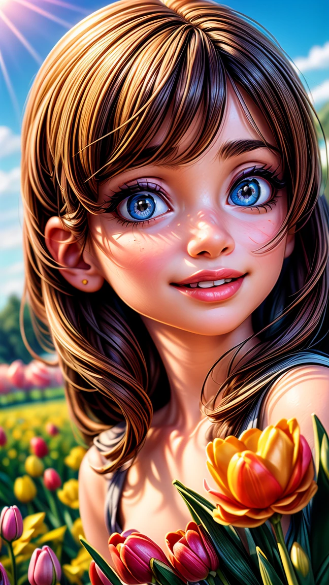 1girl, beautiful detailed eyes, beautiful detailed lips, extremely detailed eyes and face, long eyelashes, cute girl, smiling, holding tulips, garden, sunlight, spring, vibrant colors, (best quality,4k,8k,highres,masterpiece:1.2),ultra-detailed,(realistic,photorealistic,photo-realistic:1.37),vivid colors,natural lighting,soft focus,impressionist style