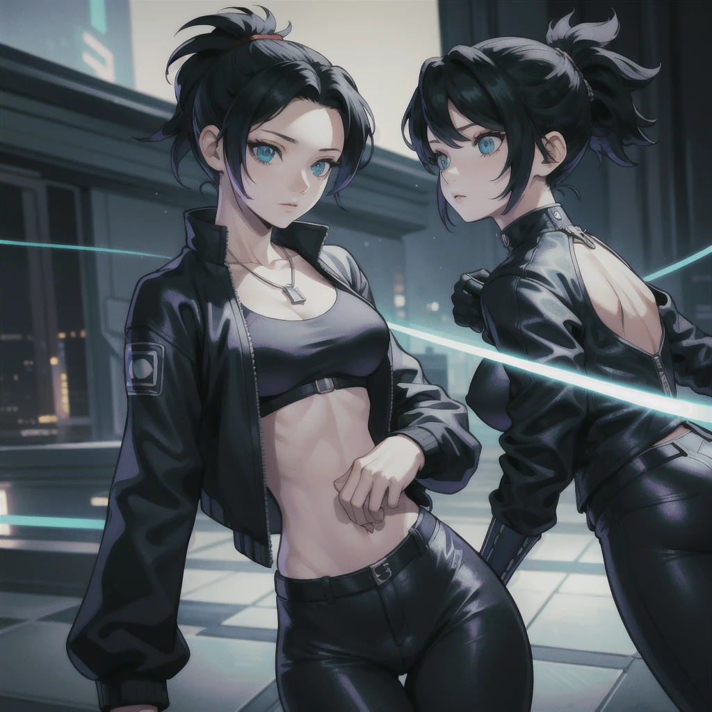 (masterpiece, best quality, 8K, Clear focus, Depth of Field, Best shadow, Perfect lighting, HDR, Realistic skin texture, Ultra detailed background), Anime style, Long angle shot, ((Cyberpunk theme)), Solitary, 1 female, She is a mercenary, (Green Eyes, White skin, Black Hair，Ponytail, Necklace, Small Breasts, Slim, cosmetic, Eyeliner, luster), She is working on a future city in South Korea, Hold the Tech-katana firmly, night, Sky, Waning Moon, Wearing a nice tech jacket and leather pants.