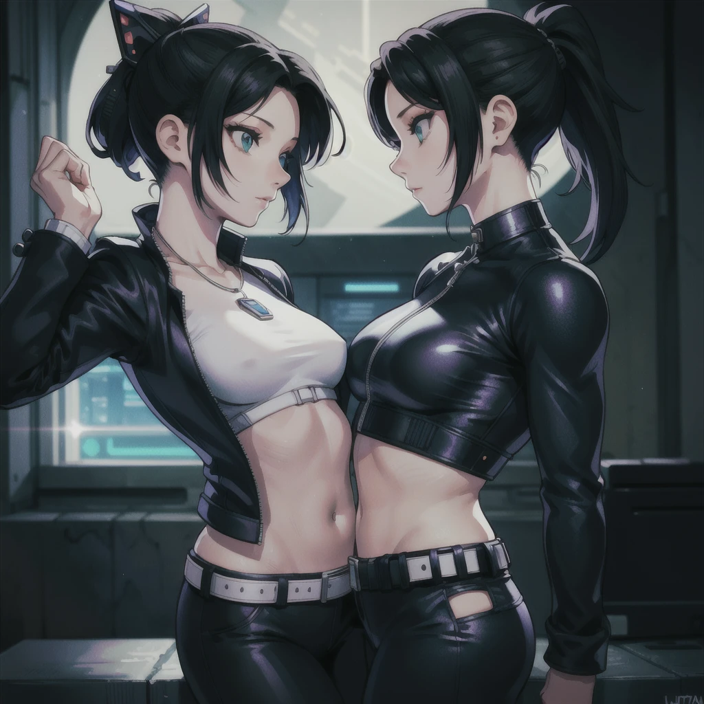 (masterpiece, best quality, 8K, Clear focus, Depth of Field, Best shadow, Perfect lighting, HDR, Realistic skin texture, Ultra detailed background), Anime style, Long angle shot, ((Cyberpunk theme)), Solitary, 1 female, She is a mercenary, (Green Eyes, White skin, Black Hair，Ponytail, Necklace, Small Breasts, Slim, cosmetic, Eyeliner, luster), She is working on a future city in South Korea, Hold the Tech-katana firmly, night, Sky, Waning Moon, Wearing a nice tech jacket and leather pants.