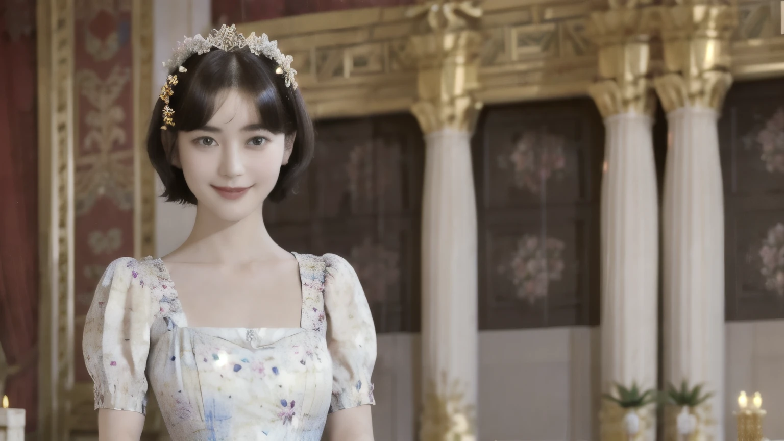 267 (20-year-old princess,Are standing), (Tabletop), ((short hair:1.46)), (chest:1.46), Old-fashioned smile, (Floral Dress:1.46), (Majestic Palace:1.46) 80