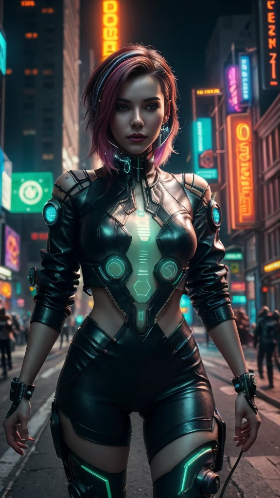 (Photorealistic:1.4) image of a cyber punk girl, (top-quality, 8K, 32K, masterpiece) , (dynamic pose), ((facing camera)), cowboy shot, shapeless hair, colorful hair, colorful cyberpunk fashionwear, ,depth of field f/1.8, cyberpunk city background, cinematic lighting.