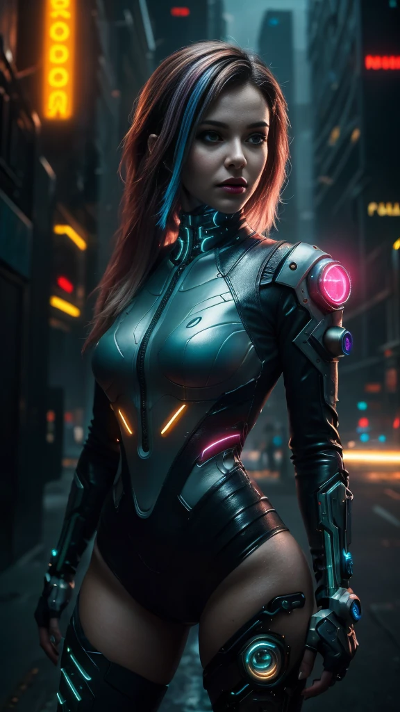 (Photorealistic:1.4) image of a cyber punk girl, (top-quality, 8K, 32K, masterpiece) , (dynamic pose), ((facing camera)), cowboy shot, shapeless hair, colorful hair, colorful cyberpunk fashionwear, ,depth of field f/1.8, cyberpunk city background, cinematic lighting.