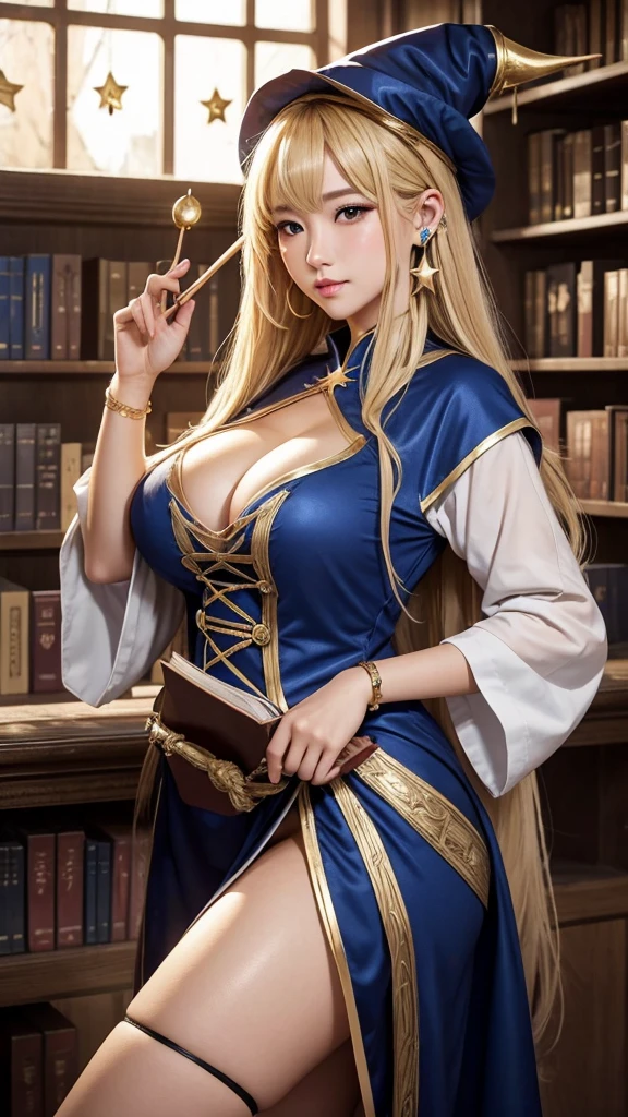 A wizard ramen wearing a star-shaped hat, waving a wand, and magic light shining. An ancient library with shelves overflowing with magic books and herbs --ar 9:16 -- at 6.0 --s 750,19 years old, alone, Long Hair, View your viewers, Blonde, Brown eyes, gem, whole body, Realistic, Sexy、Big Breasts 、stockings、clip on earrings,during,bracelet、embarrassed,blush,teache、