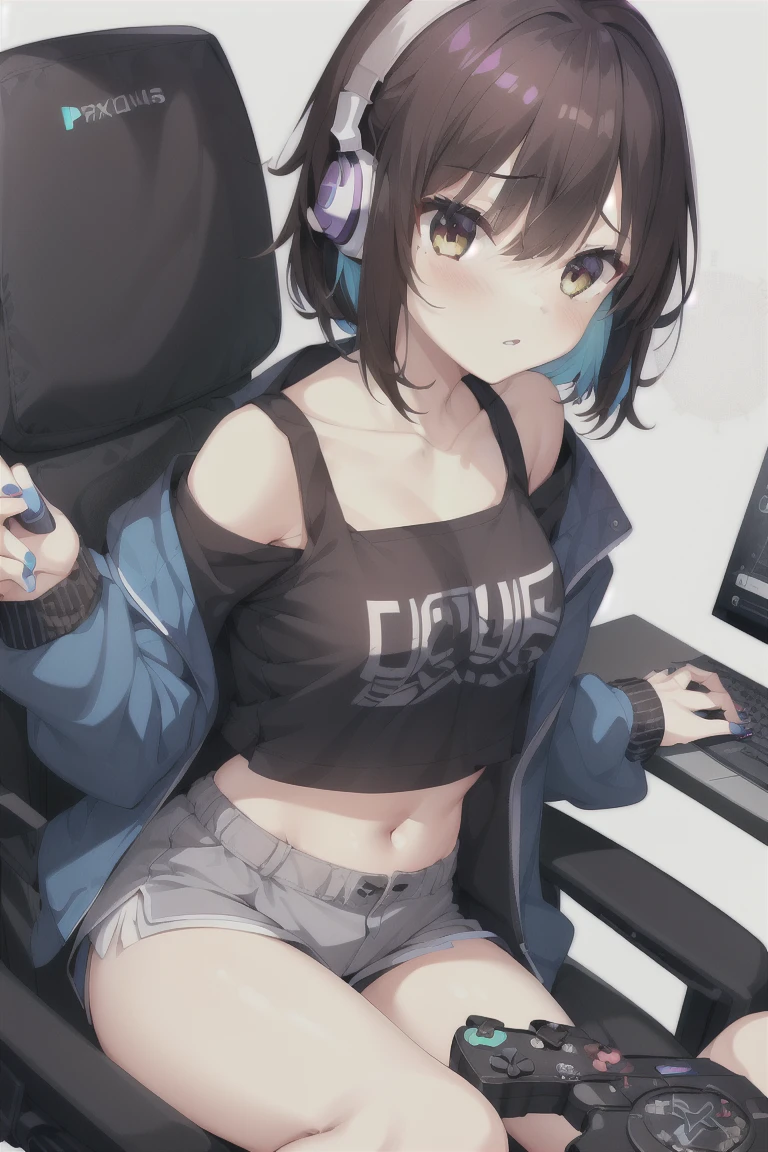 1girl,bangs,独奏,blush,jacket,sitting,just_shoulders,black_hair,breasts,brown_eyes,headphones,shorts,eyebrows_ass visible_through_hair,Blue_hair,short_hair,looking_at_viewer,small_breasts,purple_hair,long_sleeves,thighs,medium_breasts,just_Legs,hair_between_eyes,nail_polish,midriff,navel,indoors,sleeveless,grey_eyes,multicolored_hair,collarbone,stomach,Blue_shorts,open_clothes,parted_lips,desk,microphone,Controller,game_Controller,black_jacket,chair,open_jacket,computers,keyboard_(computers),monitor,mouse_(computers),short_shorts,from_above,off_shoulder,crop_top,blurry,depth_of_field,sports_Good,blurry_background,office_chair,grey_shorts,sleeves_past_wrists,Blue_nails,speaker,armpit_crease,PlayStation_Controller,gaming_chair,on_chair, expensive_solve, clear_image, expensive_Contrast, 8k, Sparkling, beautiful_detailed_face_and_eye, (Brown Hair:1.25), 白 eye,