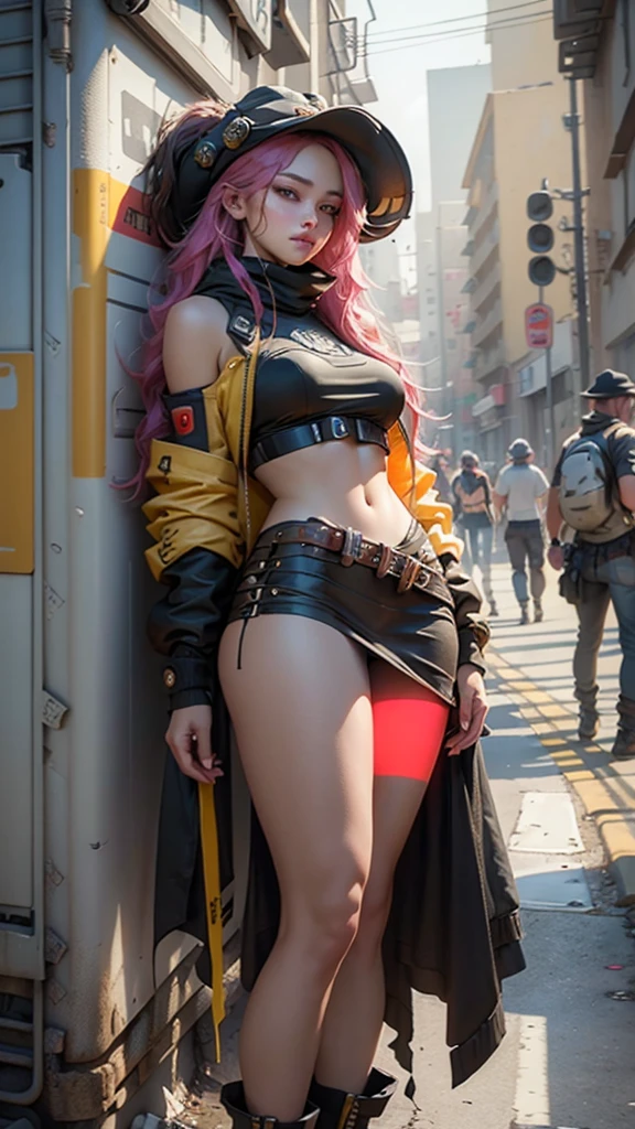 unreal engine:1.4,CG ultra realistic 64K, photorealistic:1.4, skin texture:1.4, masterpiece:1.4,Beautiful woman with long hair hat、Short yellow cyberpunk style clothing, pantimedias red , mini skirt blue,