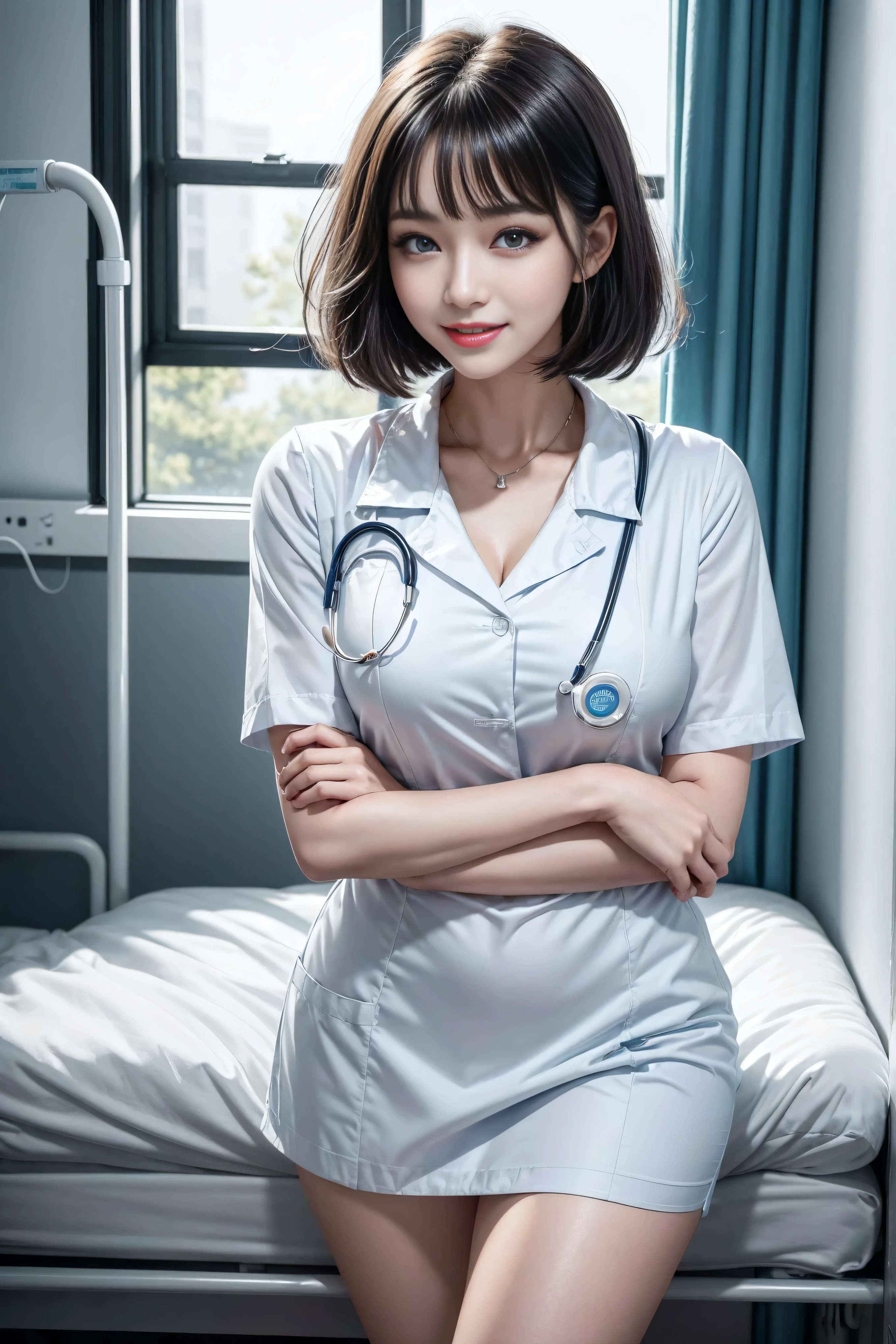 (3 Ultimate Beauty Nurse)、{{{masterpiece}}}， {oh oh oh, Oh, really：1.2}， best quality， Official Art， Highly detailed CG Unity 8k wallpaper， Very rich facial details、Delicate lips、Delicate eyes、Double eyelids、((Black Bob Hair))、(Nurse:1.3)、(Attractive figure)、(huge)、（（Open mouth smile： 1.8， Lovely smile： 1.8））， 独奏， Short hair details， Energetic smile， Blue eyes，With eyes_Ashes， {Beautiful detailed gradient eyes}， Red lips，thigh, thigh, thigh, Perfect fit, Perfect image reality, Background and: (Hospital Ward:1.2), Cow Boy Shooting, Detailed background, Detailed clothing, Wearing a nurse hat，Wearing nurse uniform，Perfect lighting、surreal、(Reality:1.4)、8K maximum resolution, (masterpiece), Very detailed content, professional，