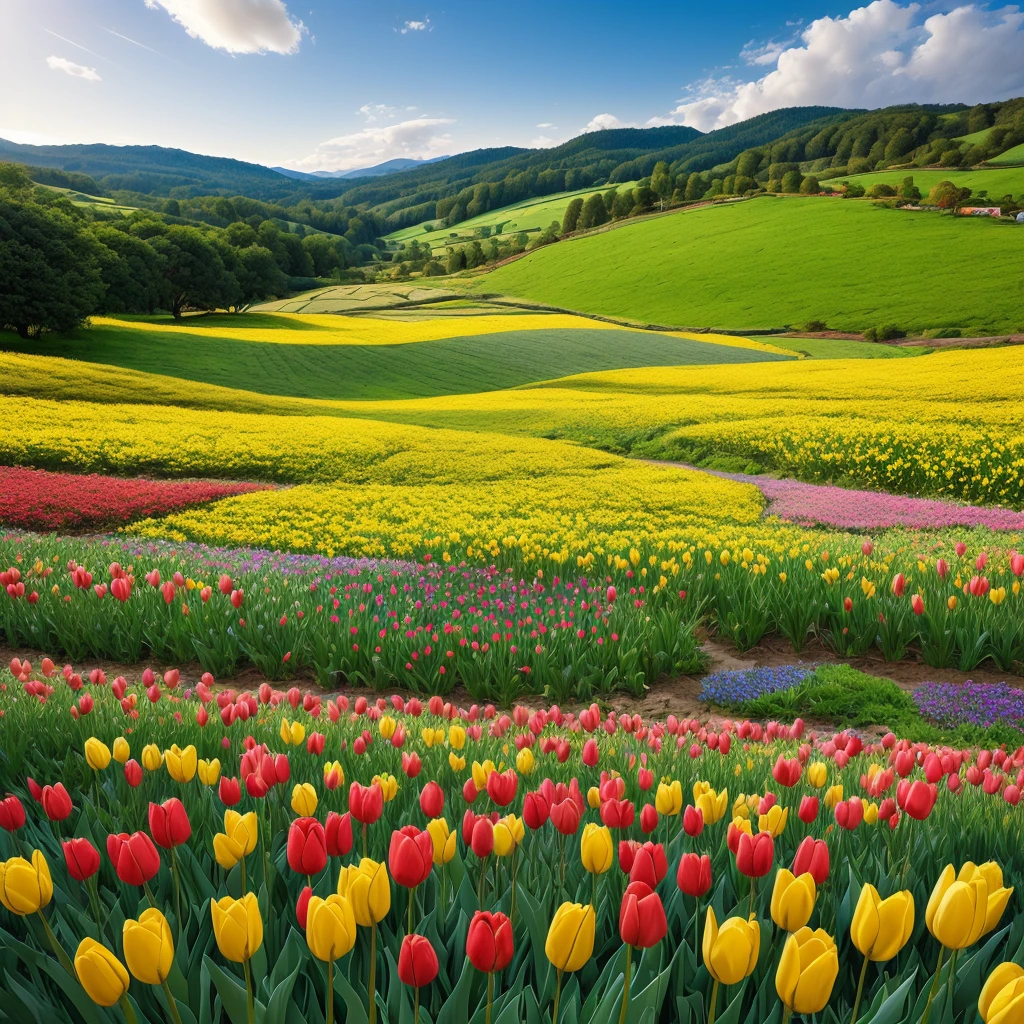 A beautiful field of colorful tulips in full bloom, vibrant petals, lush green foliage, rolling hills in the background, warm golden sunlight, serene pastoral landscape, breathtaking natural beauty, (best quality,4k,8k,highres,masterpiece:1.2),ultra-detailed,(realistic,photorealistic,photo-realistic:1.37),intricate floral details,vibrant colors,natural lighting,landscape,flower field,spring scene,pastoral,idyllic,tranquil