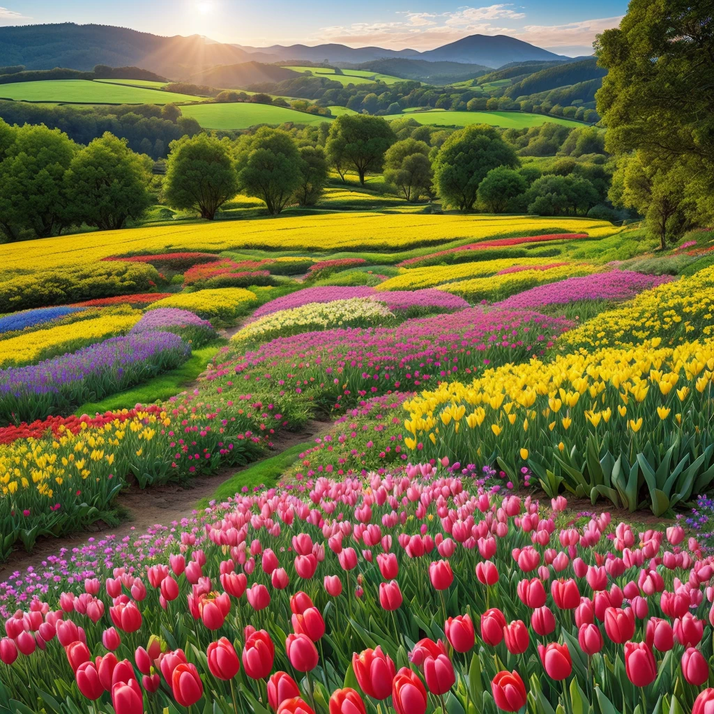 A beautiful field of colorful tulips in full bloom, vibrant petals, lush green foliage, rolling hills in the background, warm golden sunlight, serene pastoral landscape, breathtaking natural beauty, (best quality,4k,8k,highres,masterpiece:1.2),ultra-detailed,(realistic,photorealistic,photo-realistic:1.37),intricate floral details,vibrant colors,natural lighting,landscape,flower field,spring scene,pastoral,idyllic,tranquil